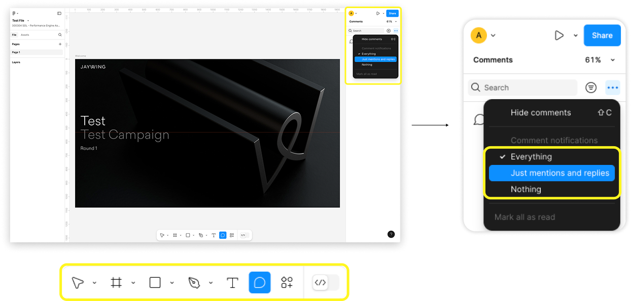 Changing Figma Slides comment notification settings to just mentions and replies